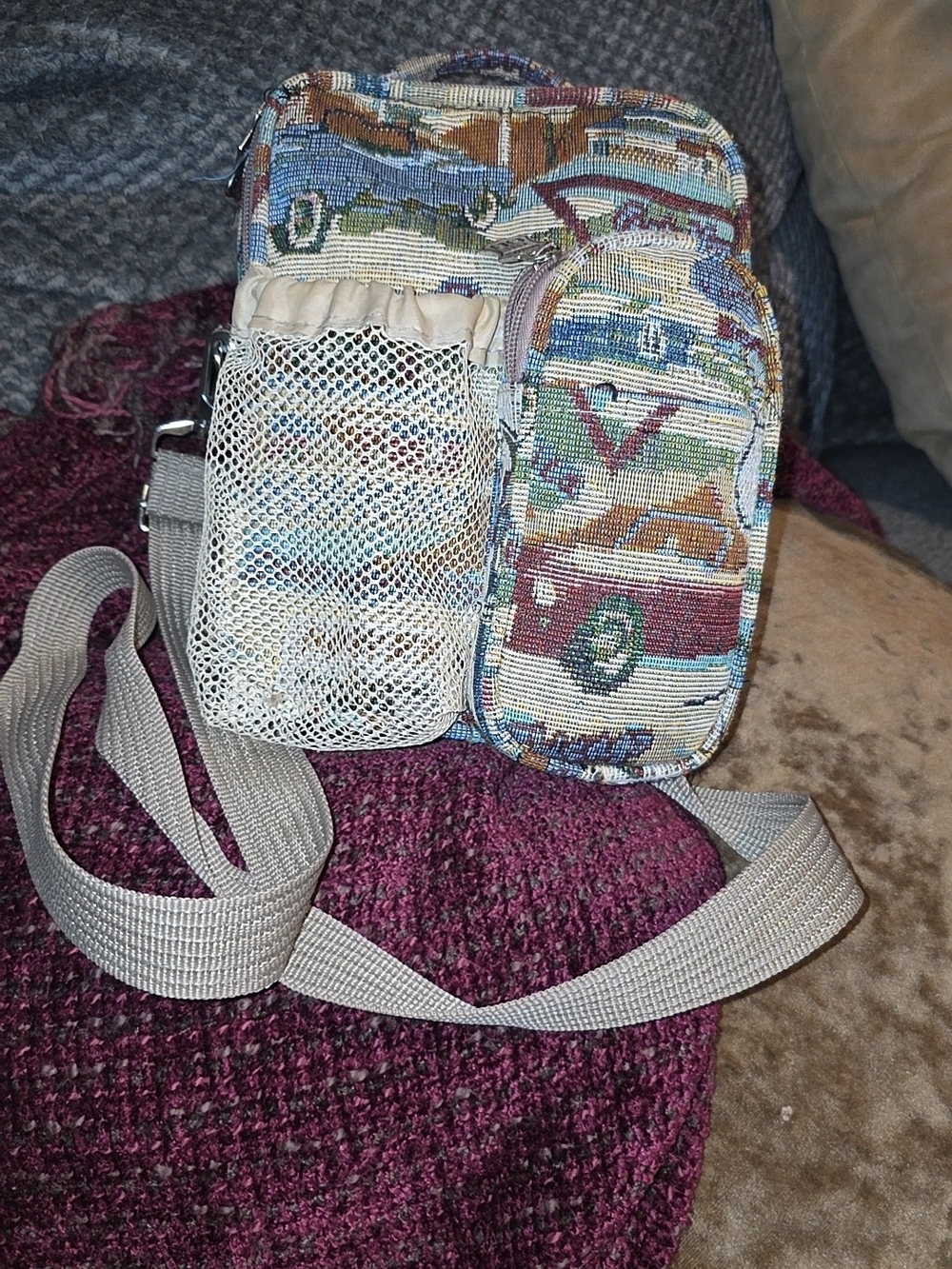 Multicolor Tapestry Crossbody Bag with Front Mesh Pocket
